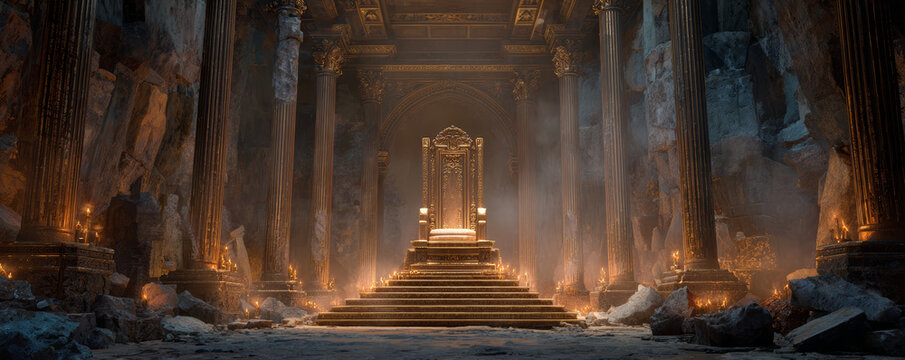 Ancient throne golden palace mystical temple fantasy kingdom stone pillar burning torch royal stair epic ruin magical light sacred hall Ancient
