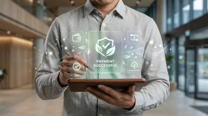 Person completing secure green transaction on tablet with holographic payment success interface