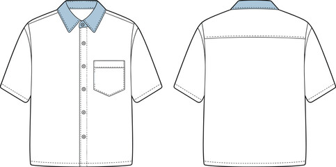 Men&rsquo;s short sleeve shirt flat sketch with contrast collar, button-down front and back view technical fashion design template for apparel industry cad drawing flat vector illustration