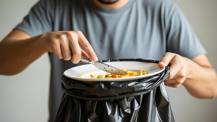 Man scraping leftover food from a plate into a trash bag