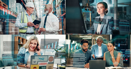 Collage, people and graphs with tech for logistics, phone call and trading infographic. Employees, laptop and graph overlay for supply chain, cryptocurrency charts and performance statistics of sales
