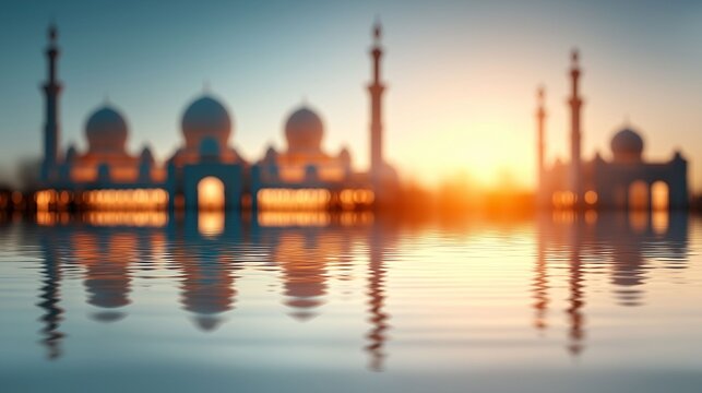 A beautiful reflection of a city with a large mosque in the background