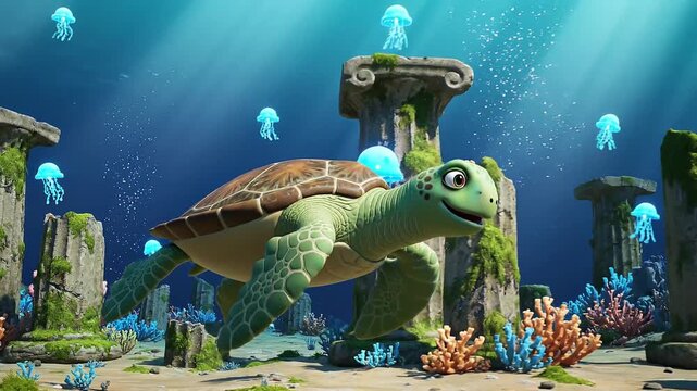 Cartoon sea turtle swims among ancient ruins and jellyfish