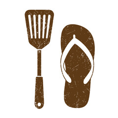 Obraz premium Drawing Vintage grunge texture Brown flip flop and spatula icons on white background
