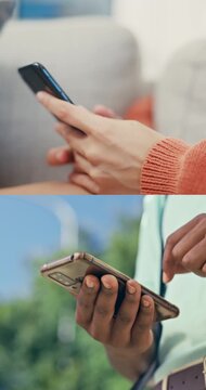 Hands, phone and series with people on location for communication, social media or typing. App, internet search and text message with women online for mobile scrolling, planning or travel research