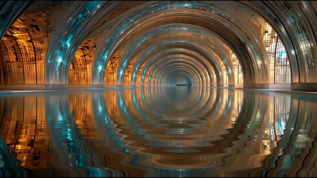 Cinematic Forward Journey Through a Glowing Abstract Cave Waterway with Symmetrical Arches and Rippling Water Reflection