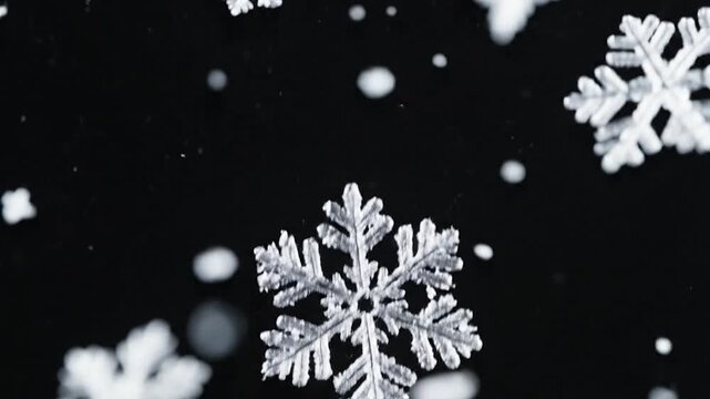 Close-up of snowflakes against a dark background, some in sharp focus, others blurred