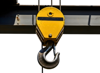 Industrial crane hook assembly isolated on transparent background
