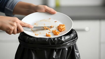 Scraping food off a plate into a garbage bin