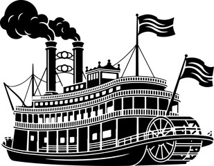 Obraz premium Vintage American Paddle Steamer Boat silhouette vector illustration