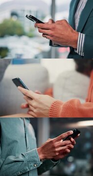 Hands, series and typing with mobile users on location for communication, social media or text message. App, connection and search with people in city or at work for scrolling, planning and research