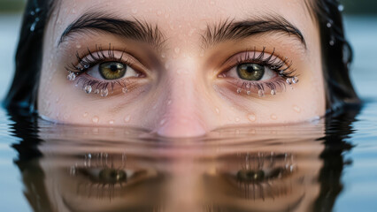 Close-up of a woman&acirc;&euro;&trade;s face with water droplets on her skin