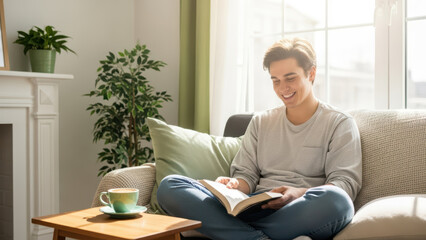 Person reading book while sipping coffee in a cozy living room