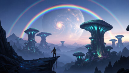 Person exploring alien landscape with glowing mushrooms under rainbow sky