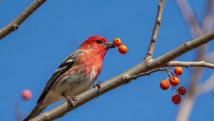 Bright red bird perched on branch with berries