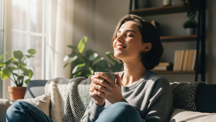 Woman enjoying a hot beverage indoors with sunlight streaming through the window
