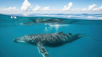 Humpback Whale Swimming in Crystal-Clear Ocean Water
