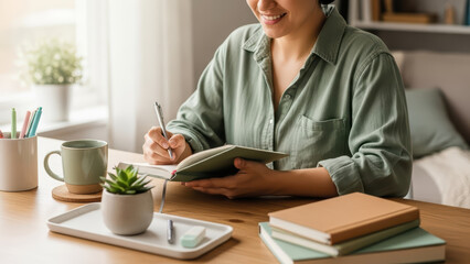 Woman writing on a tablet at a home desk