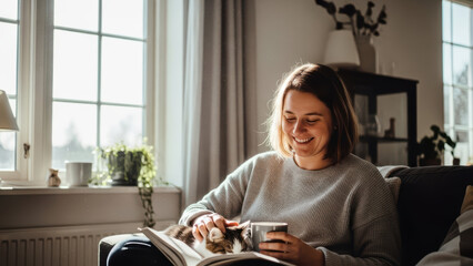 Woman Reading a Book with Cat on Couch by Window