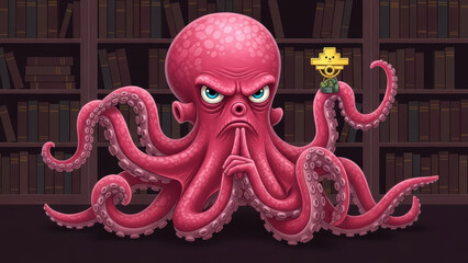 Angry Octopus Holding a Small Treasure Chest in a Library Setting