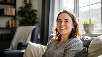 Woman Smiling in a Cozy Living Room with Natural Light