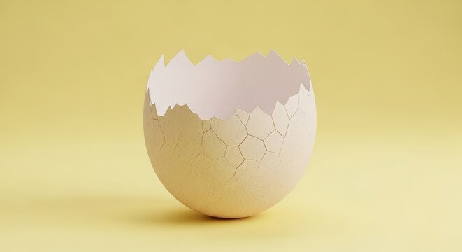 A broken eggshell sits against a pale yellow backdrop its interior a lighter offwhite showcasing cracked exterior patterns