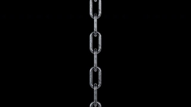 3D rendering of a vertical weathered rusty chain sliding upwards. Grunge industrial loop.