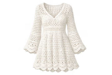 White crochet mini dress with v-neck, long sleeves, and bohemian design on transparent background