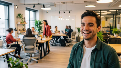 Man smiling in a modern open-plan office with coworkers working