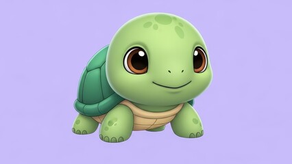 Fototapeta premium A cartoon turtle is on a solid light purple background looking forward with big eyes