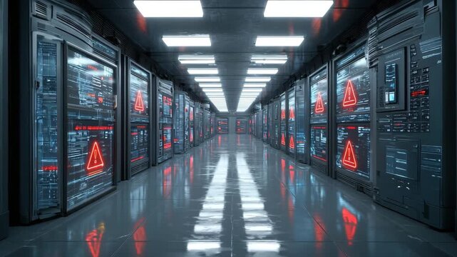 Data center server room technology digital network security warning alert modern computer system with illuminated corridor and high tech display