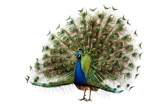 Peacock with open tail feathers isolated on transparent background