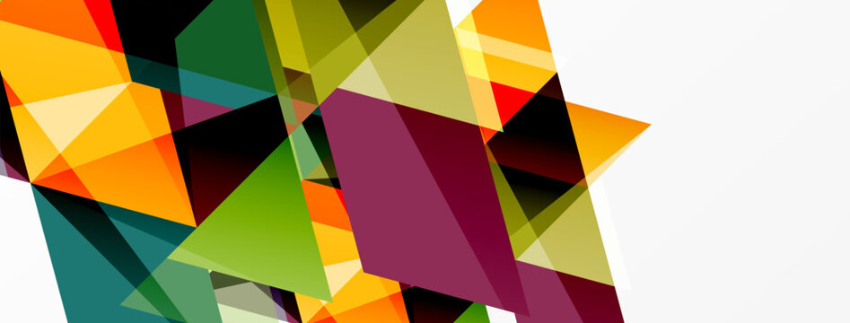 Abstract geometric shapes overlap, creating vibrant color blocks. Composition features sharp angles, dynamic lines, modern design.