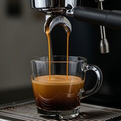 Fototapeta premium a double-spout portafilter pouring rich espresso with thick crema into a clear glass