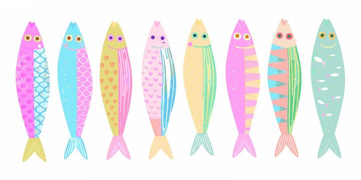 A row of colorful cartoonish fish with smiling faces in a playful design