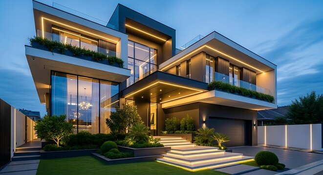 Stunning modern luxury home illuminated at dusk, showcasing contemporary architecture, large windows, elegant linear lighting, and meticulously landscaped gardens. Ideal for design.