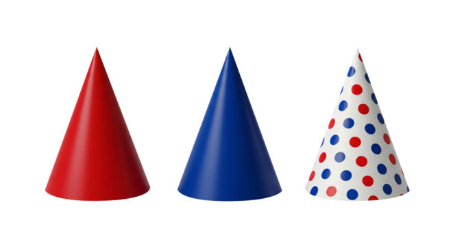 Three colorful party hats in red blue and polka dot pattern on white background for celebration - Powered by Adobe