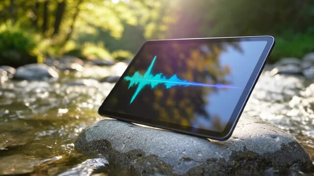 Digital Harmony: A tablet displays an audio waveform amidst the natural tranquility of a flowing stream, harmonizing technology with the environment.