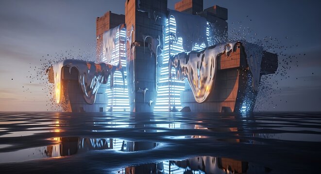 Futuristic brutalist structures enveloped in glowing liquid metal, reflecting neon lights and sunset hues on calm water. Abstract sci-fi architecture.