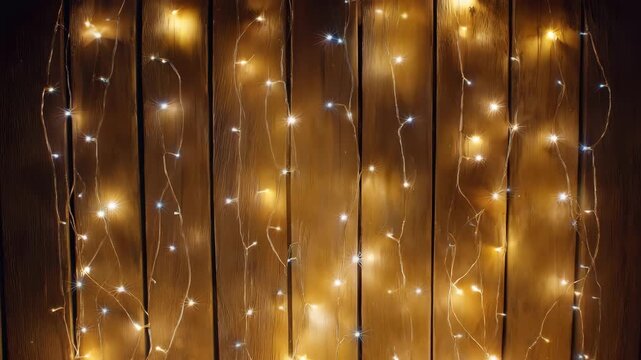 Warm glowing string light hanging on wooden wall with cozy decoration warm light indoor lighting festive light sparkling LED bead frame effect