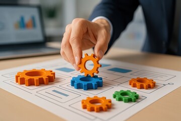 Precision Engineering: A hand carefully places a vibrant gear atop a blueprint, symbolizing the intricate mechanics of progress and innovation in a business setting.