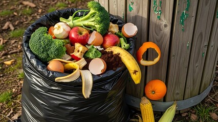 Food waste bin overflowing with organic scraps including fruits and vegetables