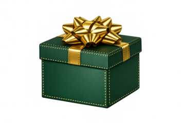 Green gift box with gold bow, representing celebration, luxury, and gift-giving for holidays, birthdays