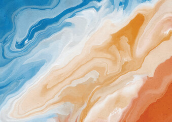 Obraz premium Abstract watercolor background with flowing marble textures, soft blue and orange tones, artistic and modern feel.