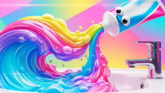 A cartoon toothpaste tube expels rainbow goo into a white sink faucet present against a bright background