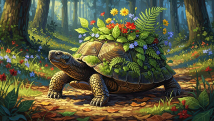 Tortoise with colorful flowers on its shell in a lush forest