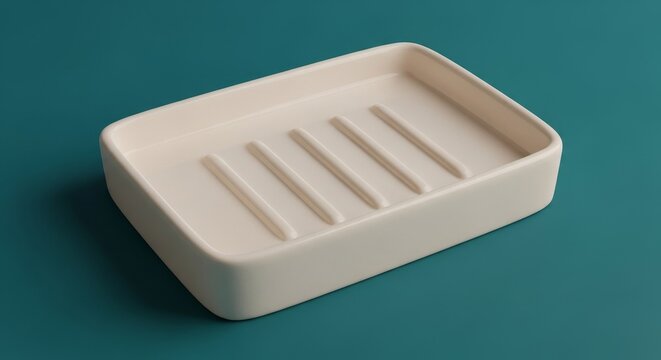 A light beige soap dish rests on a teal surface featuring four raised bars inside Its smooth rounded edges create a clean minimalist aesthetic