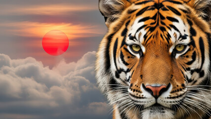 Tiger Close-Up Against Sunset Sky with Dramatic Clouds