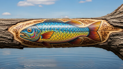 Colorful Fish Artwork on Weathered Wood Over Water