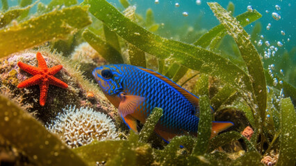 Blue and Orange Fish Swimming Near Coral Reef